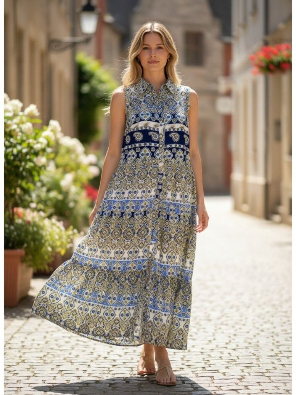 Mlle Gabrielle Sleeveless Maxi Dress Paisley Blue Button-Down Cotton Womens S